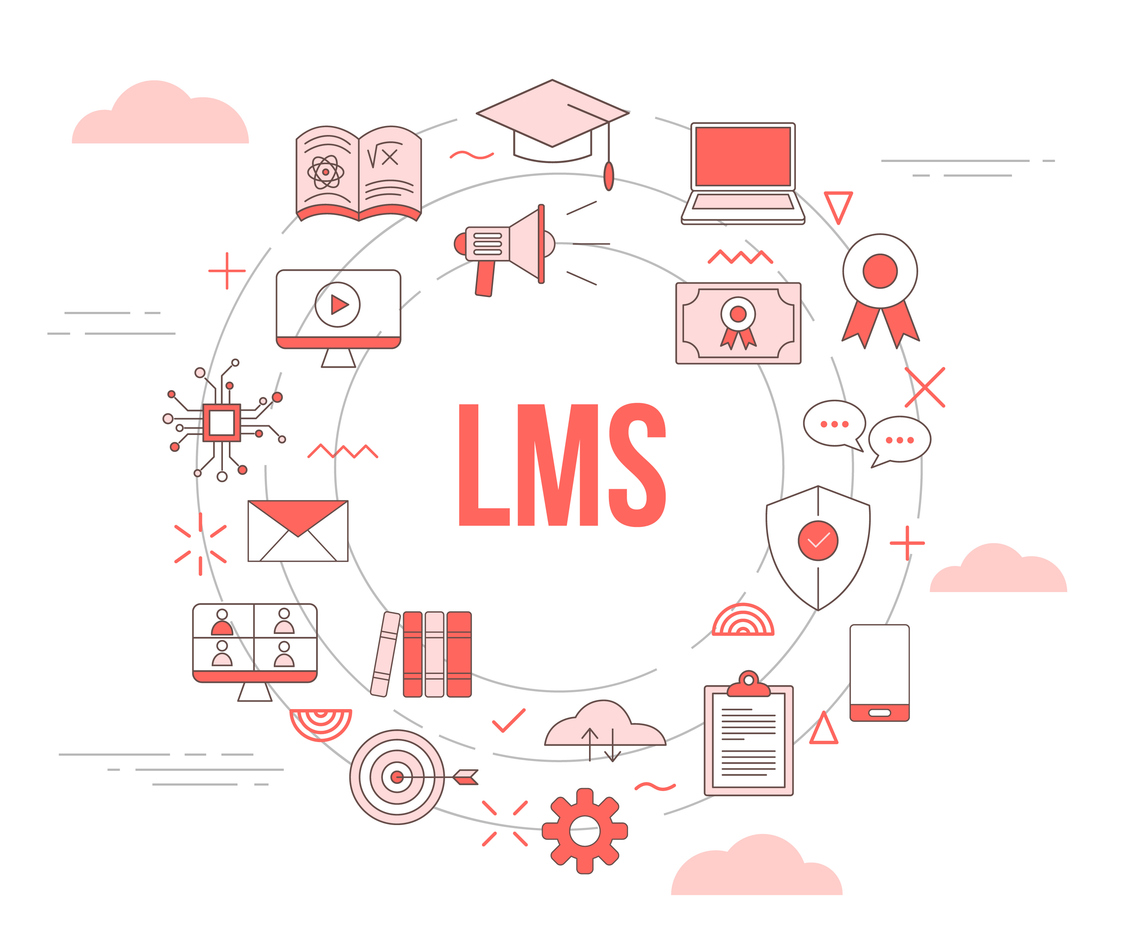 lms learning management system concept with icon set template banner with modern orange color style and circle round shape vector illustration