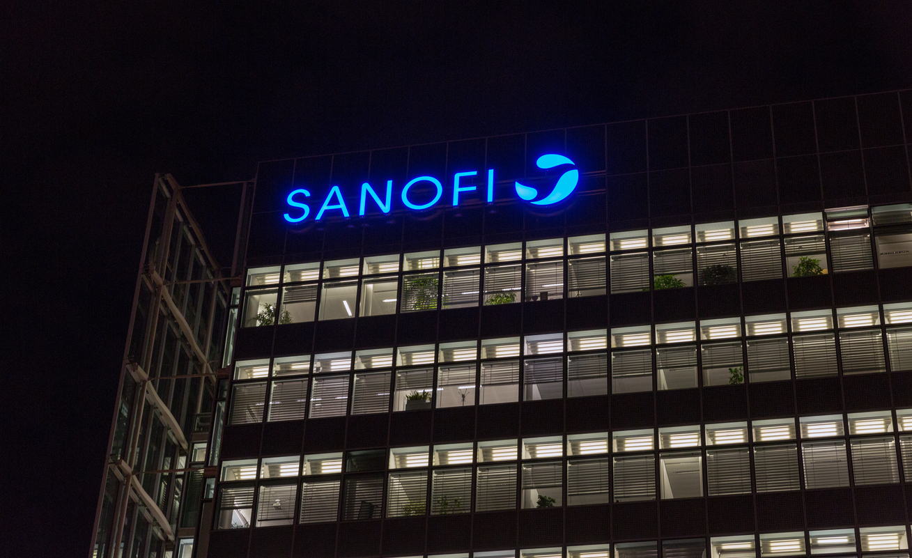 night sanofi office building in berlin, germany.