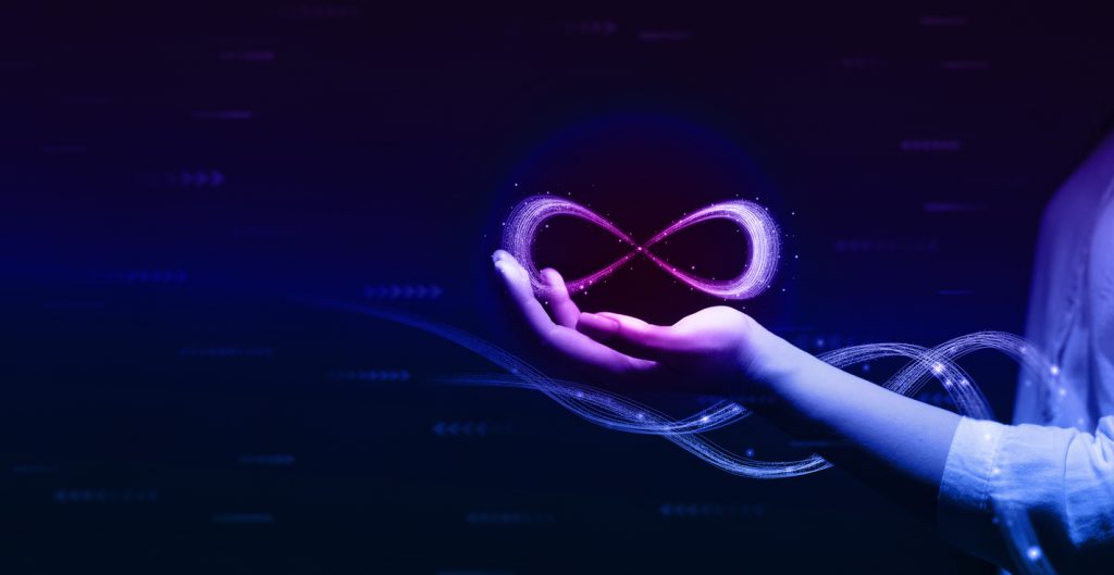 metaverse technology concepts. hand holding virtual reality infinity symbol.new generation technology.global network technology and innovation.