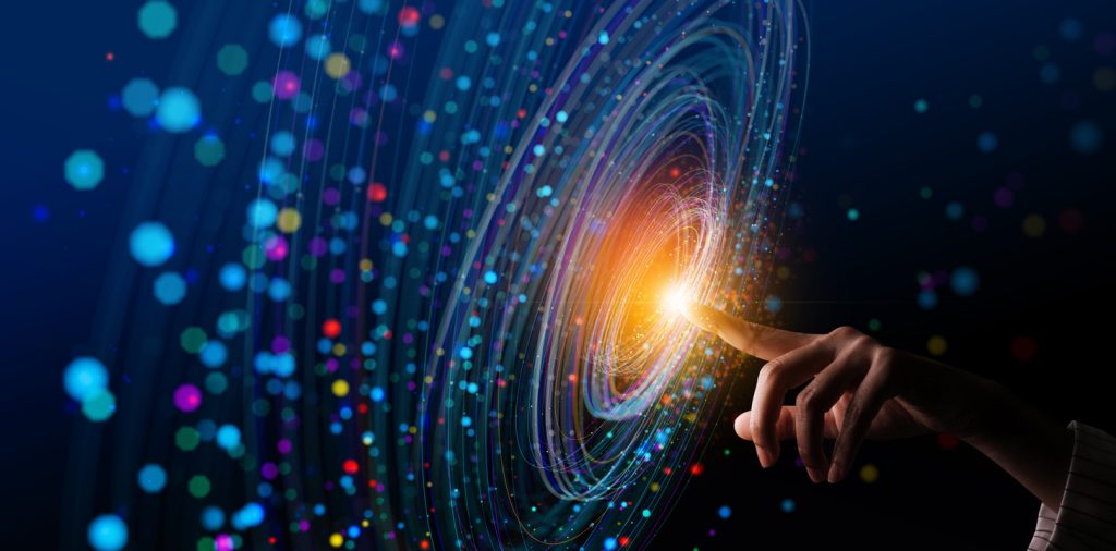 big data concept. digital neural network.business woman hand touching introduction of artificial intelligence. cyberspace of future.science and innovation of technology.