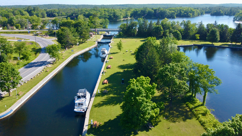 drone shot of the buckhorn lock on the trent severn canal.