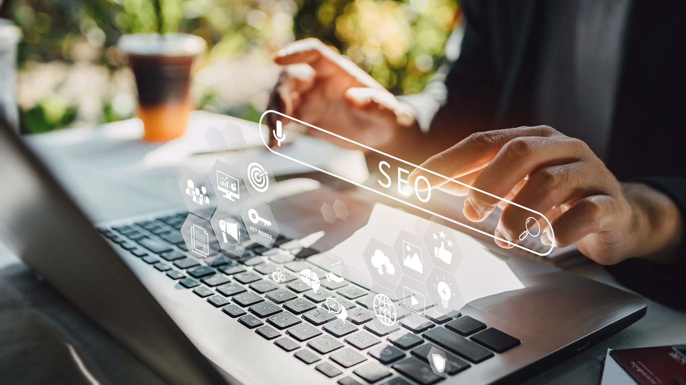 person working with search engine optimization : seo with social media content and advertisement from website.