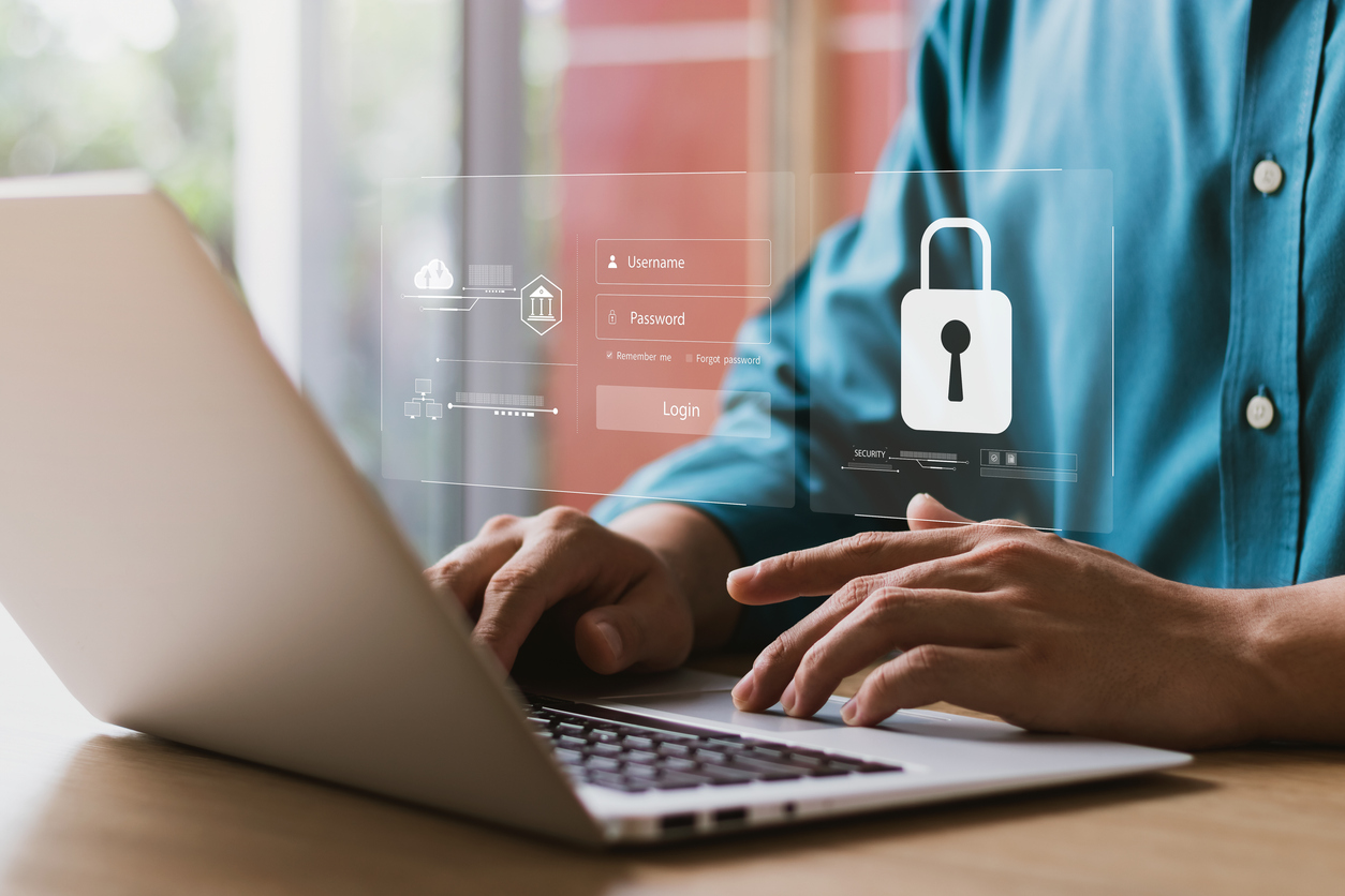 cybersecurity and privacy concepts to protect data. lock icon and internet network security technology. businessmen protecting personal data on laptop and virtual interfaces.