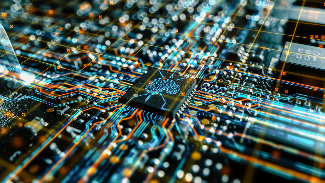 futuristic technology concept visualization: circuit board cpu processor microchip starting artificial intelligence digitalization of data. digital lines connect into artificial intelligence symbol.