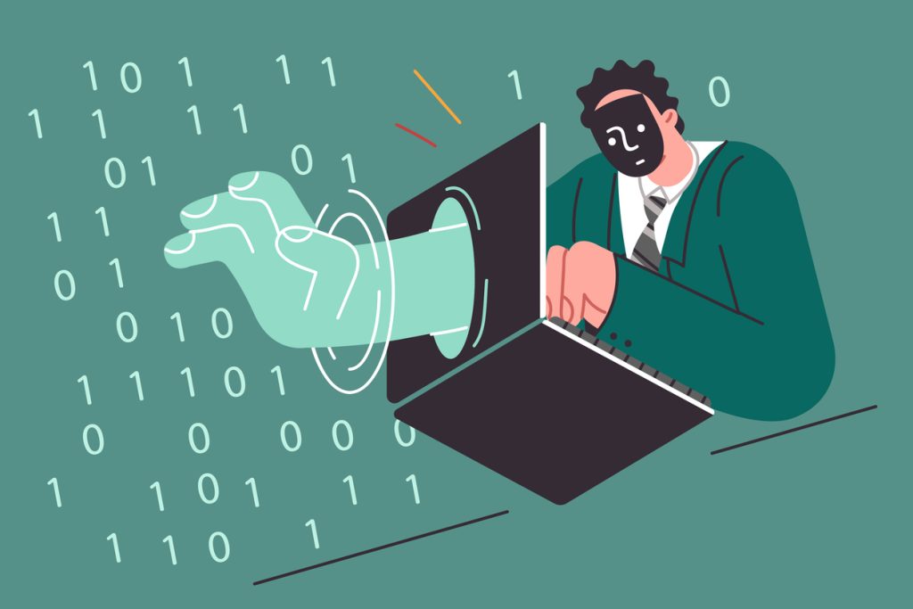 man hacker penetrates protected space by sticking hand through laptop and stealing confidential data