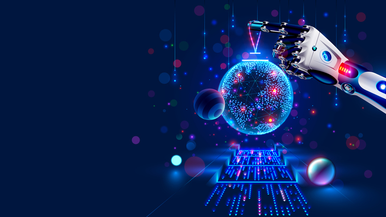 merry christmas and new year background in modern technology style. christmas decoration in cyborg arm. robot hand decoration christmas tree. ai or artificial intelligence greets the new year. banner