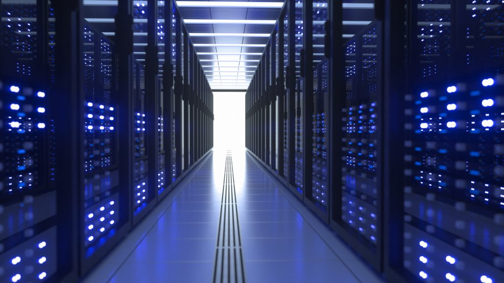 data center computer racks in network security server room cryptocurrency mining