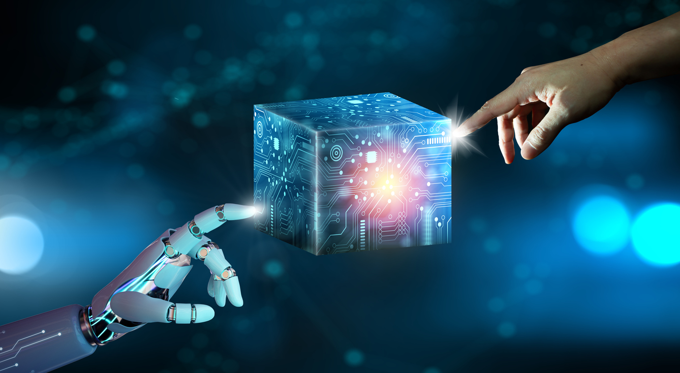 ai robot hand and businessman hand pointing cube technology. cloud data with artificial intelligence.