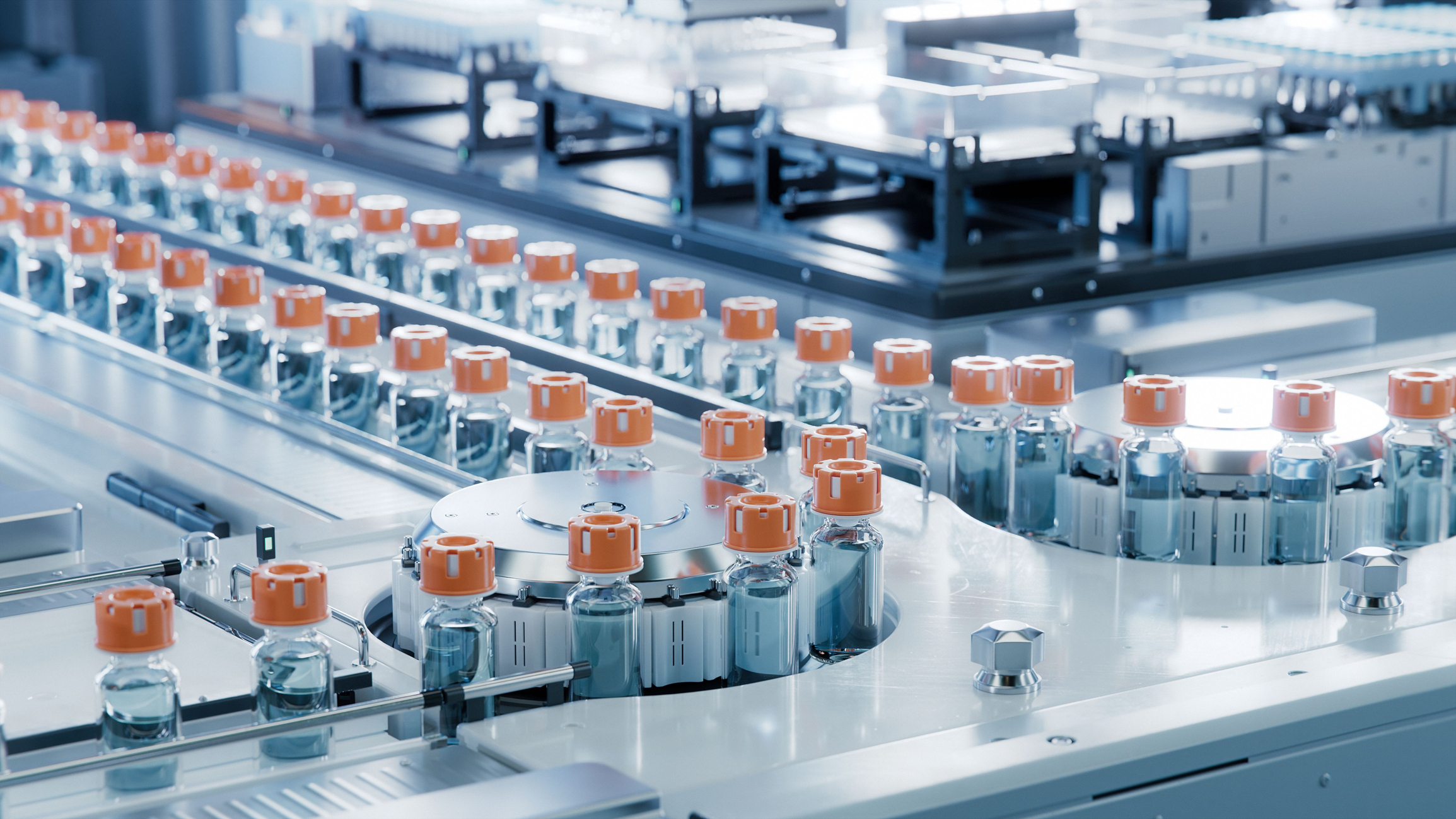 vaccine production facility. medication manufacturing process. glass vials with orange caps on conveyor belt. medical ampoule production line at modern pharmaceutical factory.