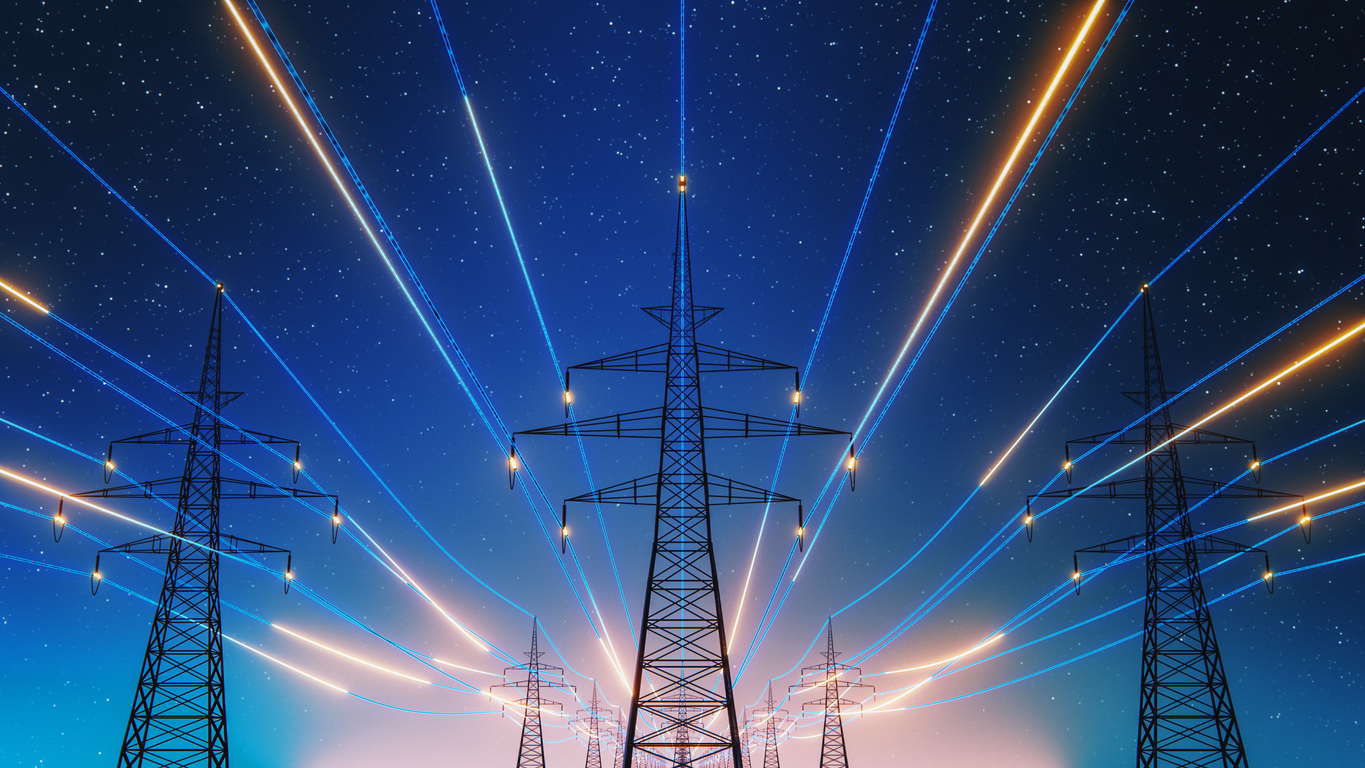 3d render of power transmission lines with 3d digital visualization of electricity. fantastic visuals of night sky full of bright stars. concept of renewable green energy powering human progress.