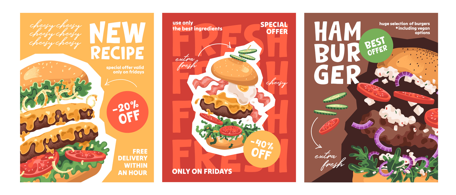 designs of fast food vouchers, gift cards set. templates of discount coupons with special offer, price off of hamburgers. sale flyers of burgers in fastfood restaurant. flat vector illustrations