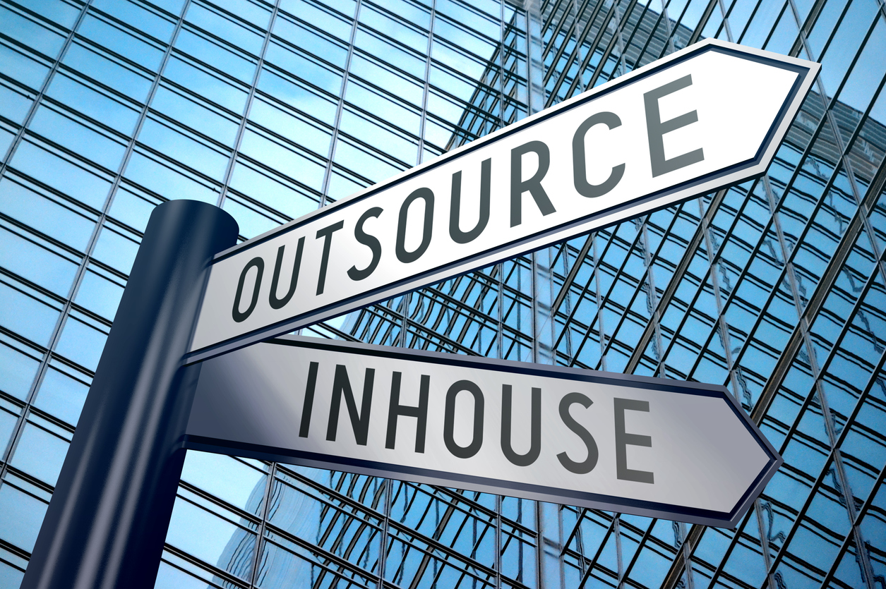 signpost illustration, two arrows inhouse, outsource