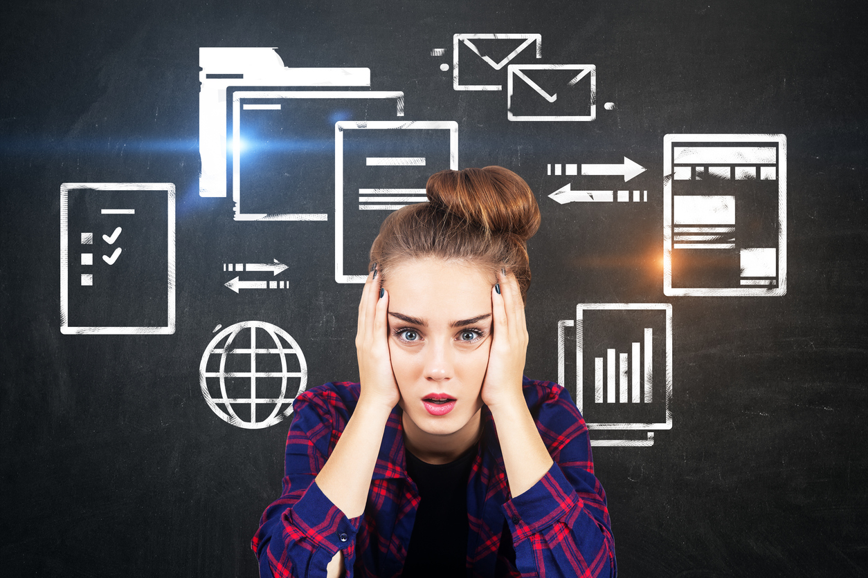 stressed teen girl and web documents, blackboard