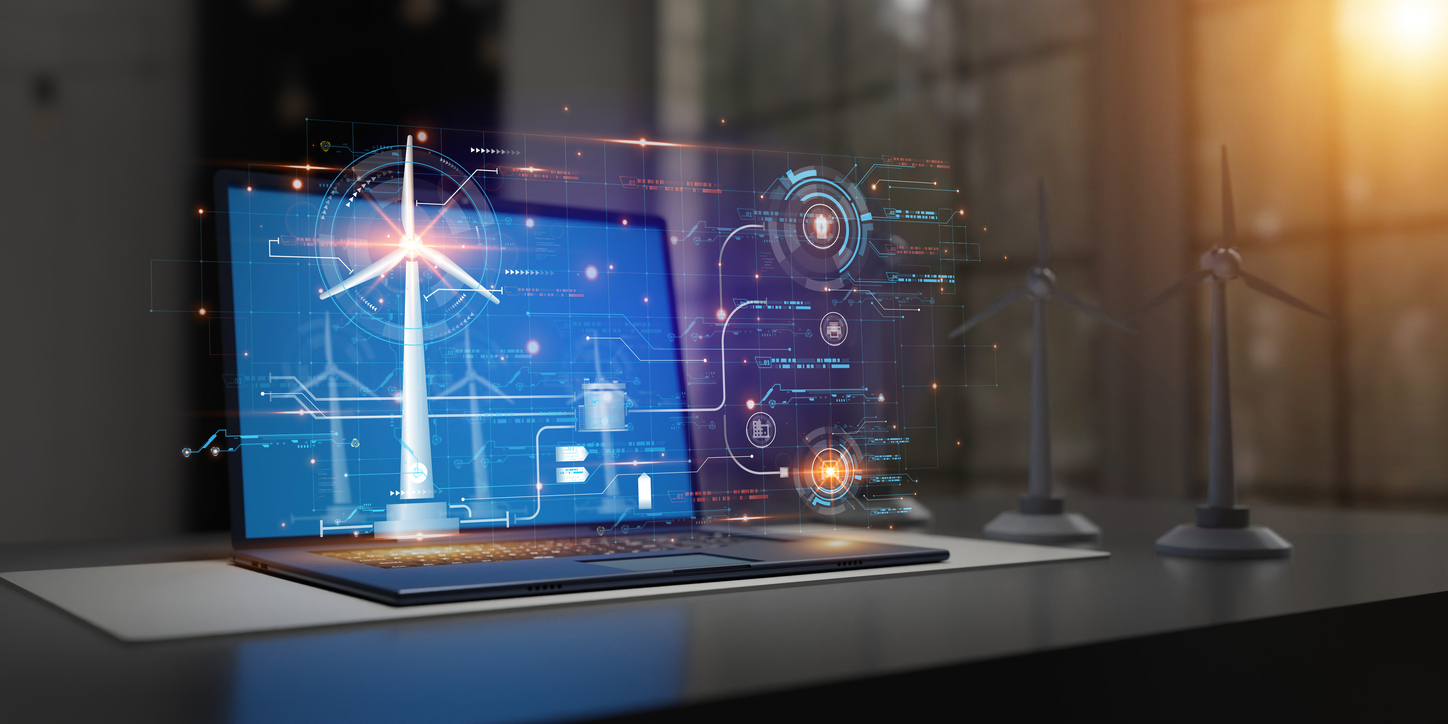 hologram graphics on a computer screen by artificial intelligence processing. energy management, saving energy and modern technology. ai that helps analyze complex data. 3d rendering.