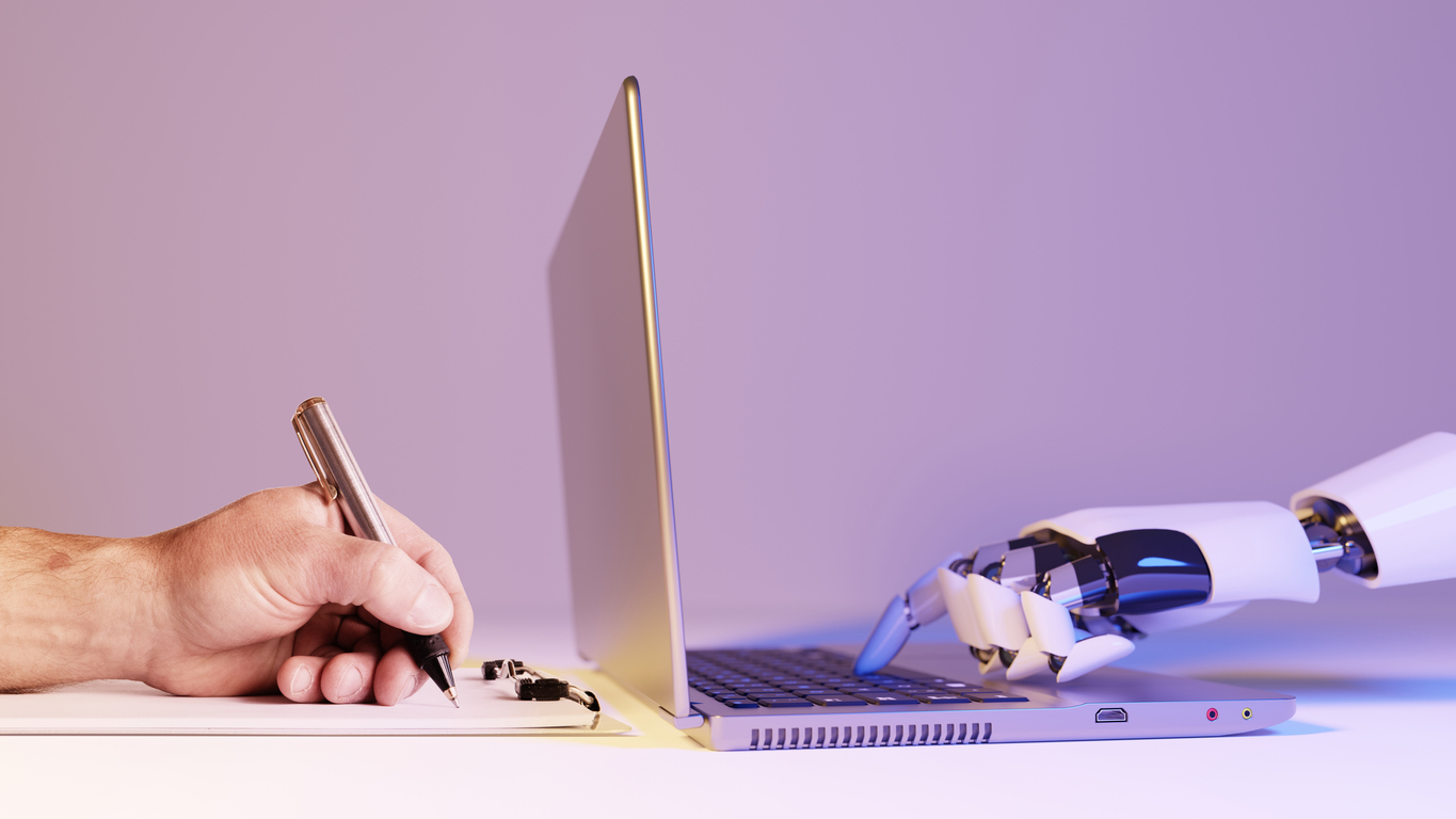 business meeting with artificial intelligence: creative collaboration and futuristic technology