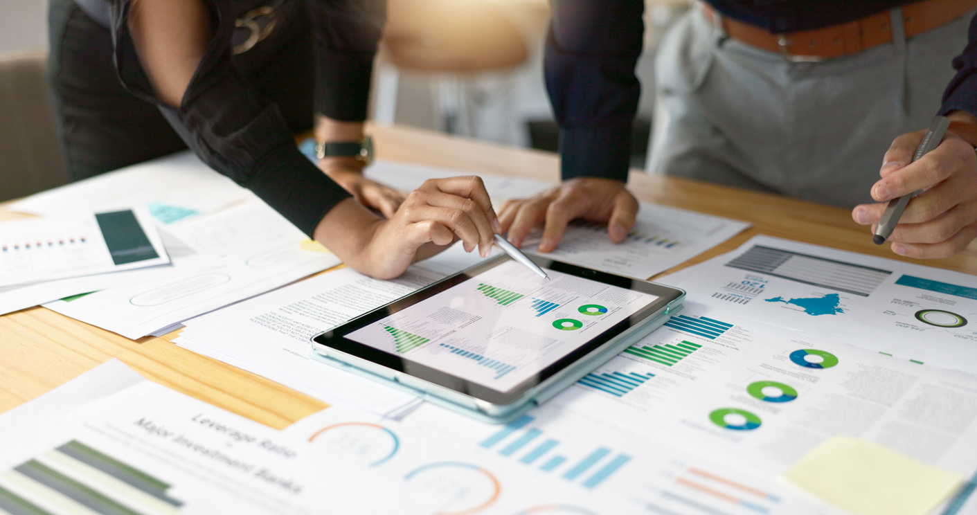 business people, data analysis with tablet and paperwork, hands with online review in meeting and team with market research. statistics, analytics dashboard and digital infographic with collaboration