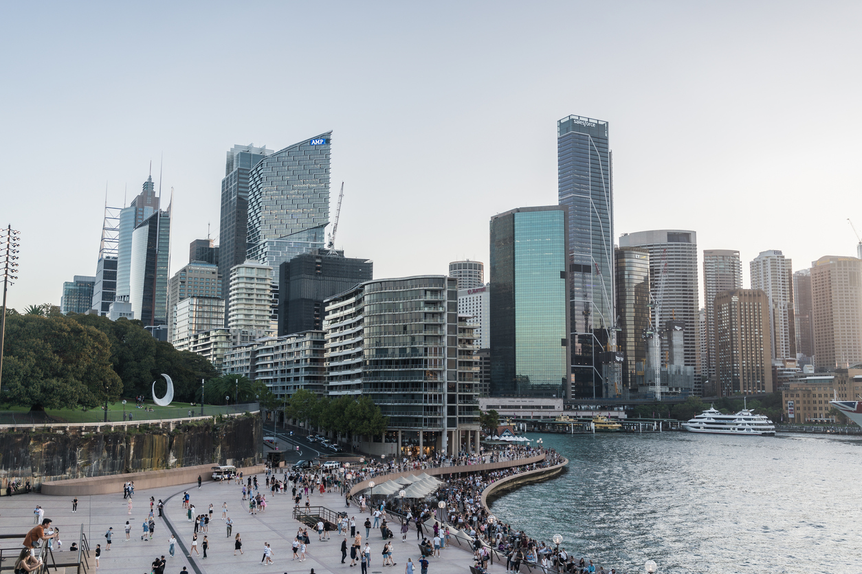 a view of circular quay's cityscape showcasing a cluster of modern high rise office buildings