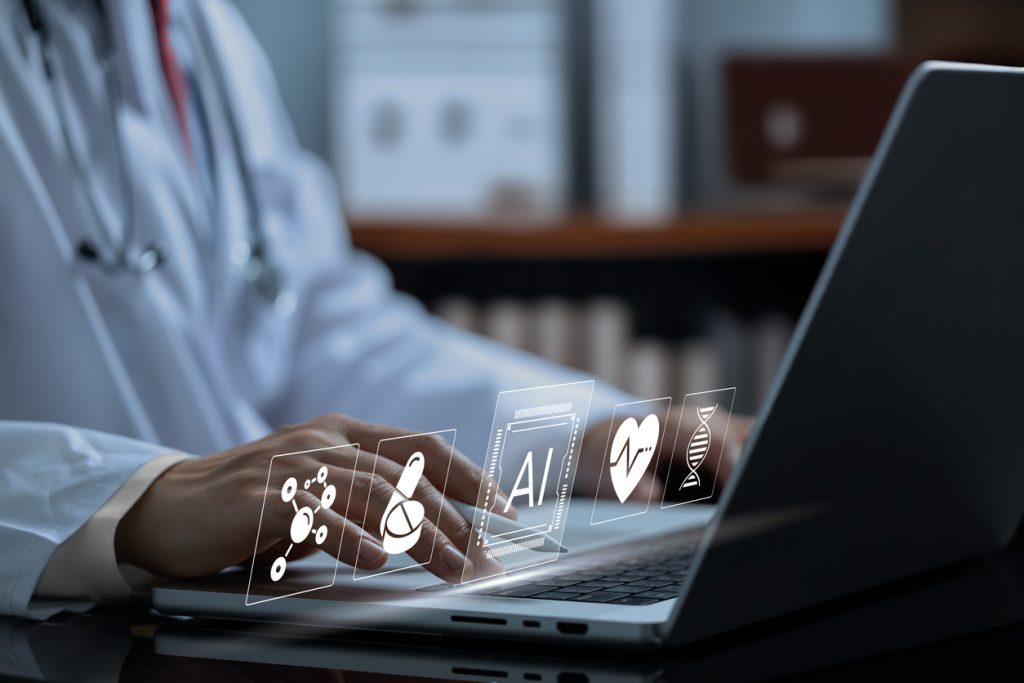 doctor in a comfortable office using ai on laptop with infographics displayed