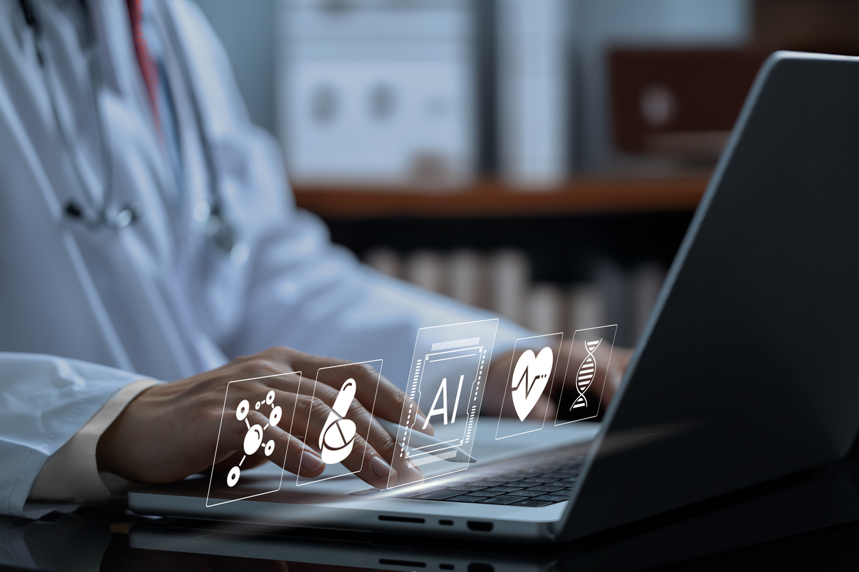 doctor in a comfortable office using ai on laptop with infographics displayed