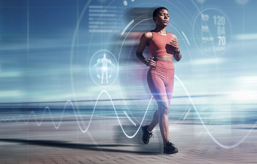 exercise,,fitness,and,black,woman,running,with,futuristic,hologram,,overlay