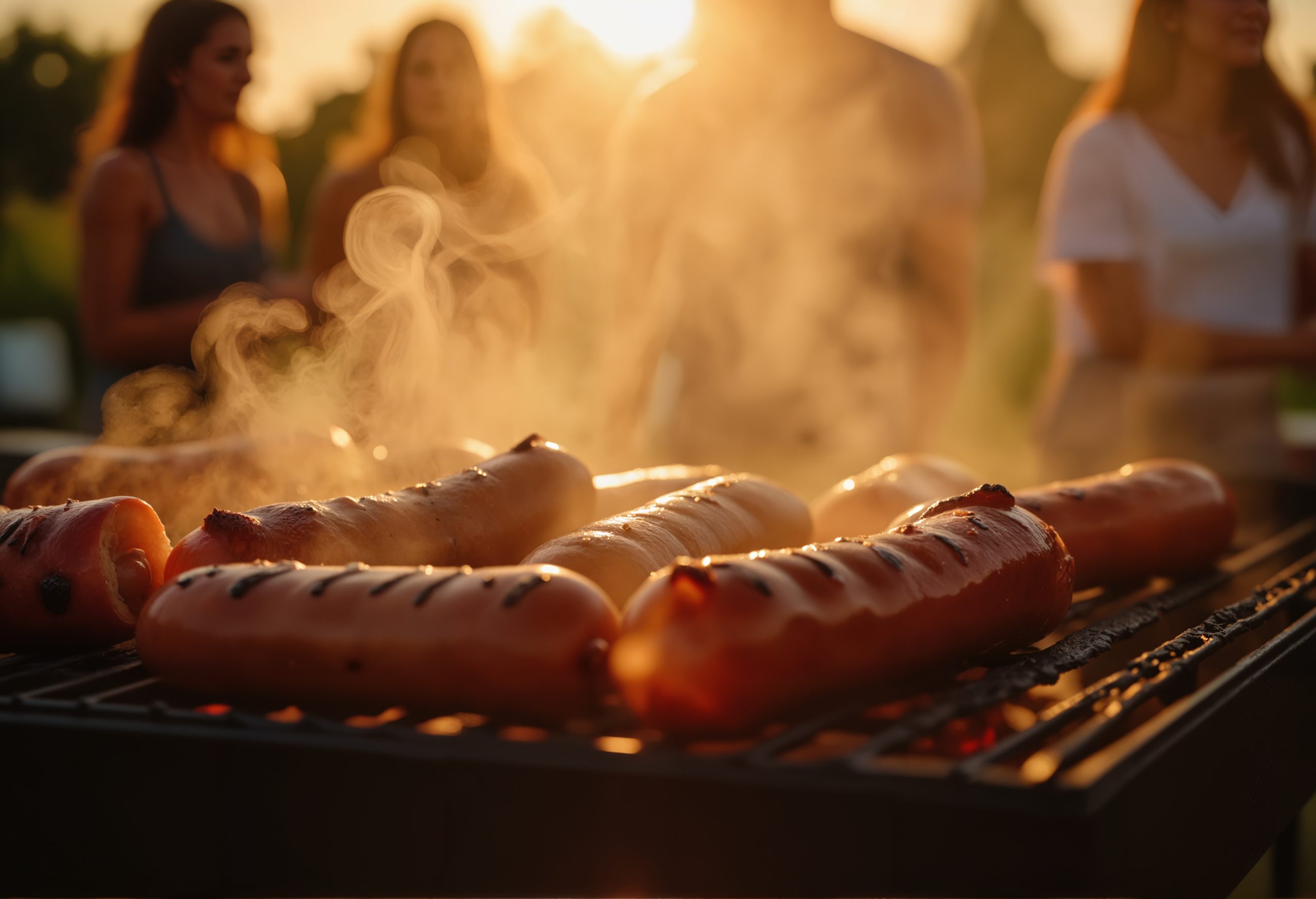 sunset barbecue gathering grilling hotdogs with friends in golden light for canada day celebrations, summer holiday parties, and patriotic festivities
