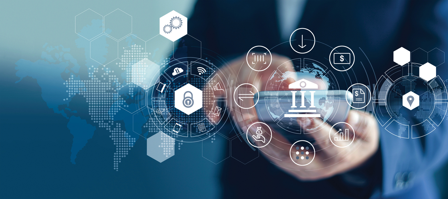 businessman using mobile online banking and payments, digital marketing. finance and banking network. online shopping and icon customer networking connection on virtual screen, cyber security. business technology concept