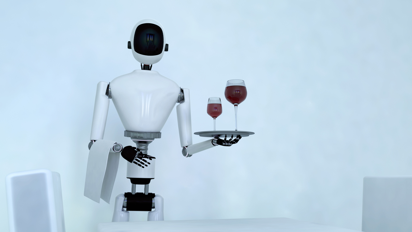 a service robot serves wine (3d rendering)