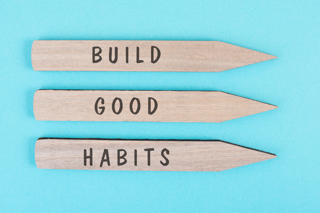 the words build good habits are standing on arrows, change lifestyle, healthy and positive attidude, motivation concept