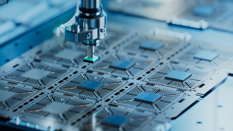 close up of silicon die are being extracted from semiconductor wafer and attached to substrate by pick and place machine. computer chip manufacturing at fab. semiconductor packaging process.