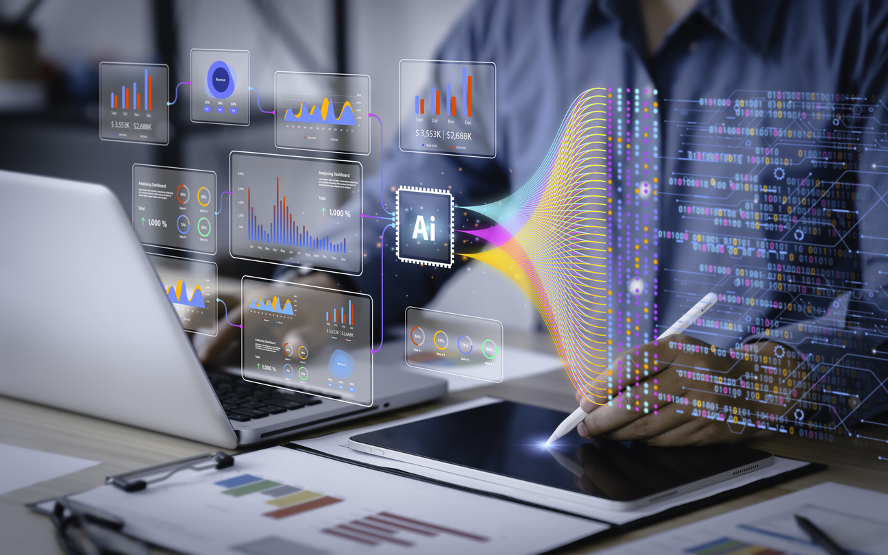data analysis science and big data with ai technology. analyst or scientist uses a computer and dashboard for analysis of information on complex data sets on computer. insights development engineer