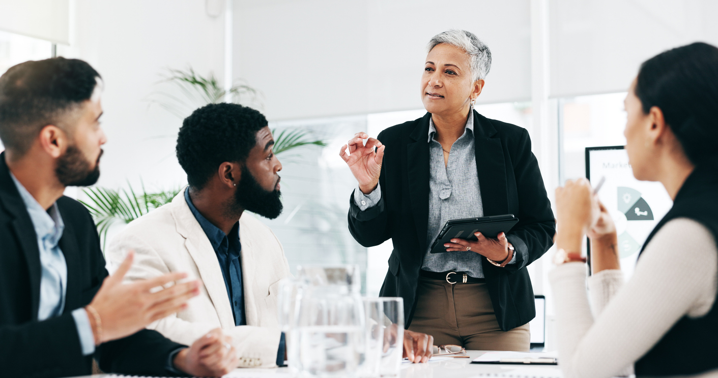 presentation, coaching and meeting with business woman and tablet for research, training and project management. idea, strategy and data analysis with ceo and people in office for brainstorming chart