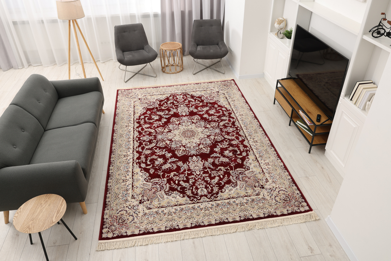 stylish room with beautiful rug and furniture, above view. interior design