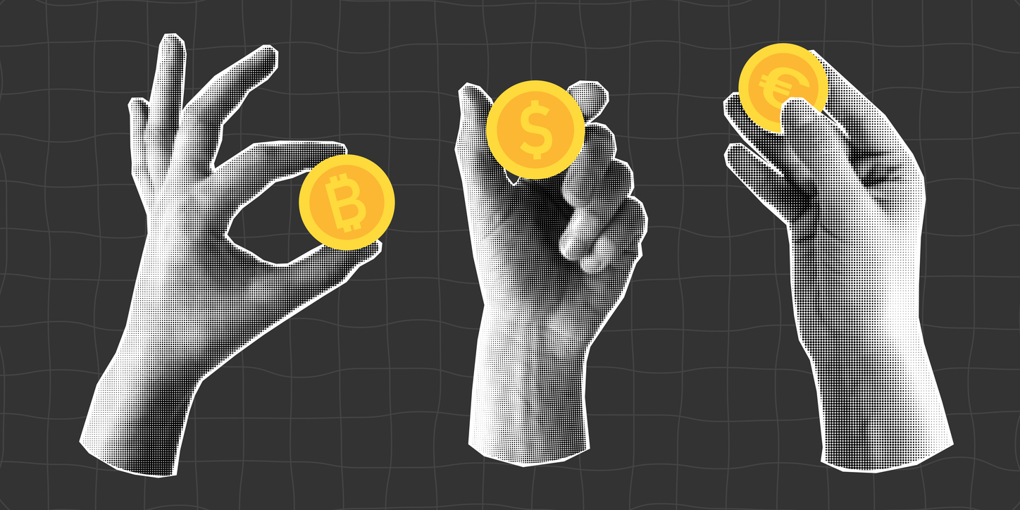 hands holding euro, dollar and bitcoin