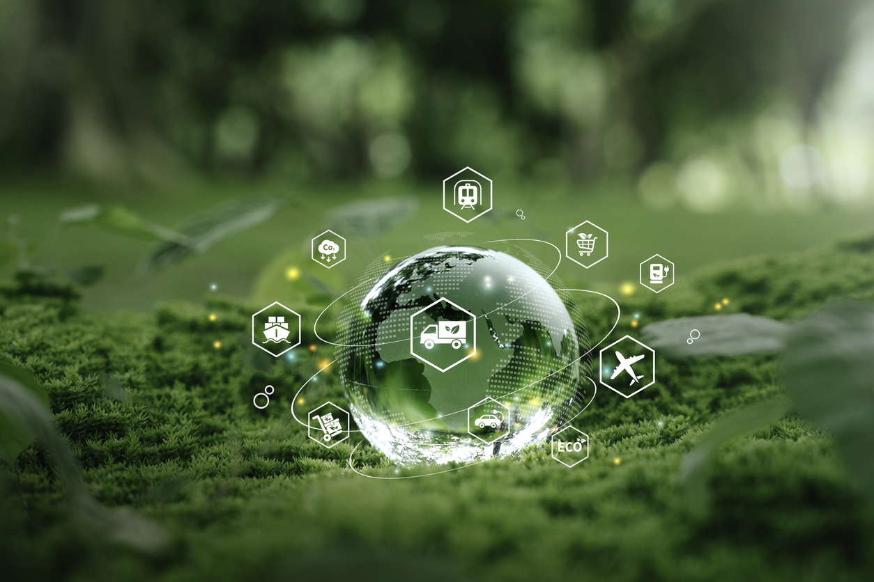 green logistic or sustainable transport. sustainable global transport. logistics or travel by ship, car, train, airplane, truck, with clean energy and eco friendly process to net zero carbon emission