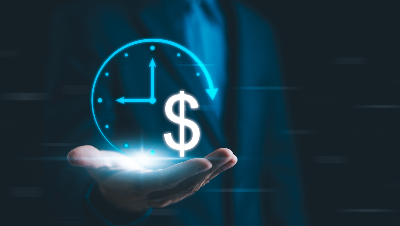 roi, return on investment concept. a businessman in a suit holds a holographic clock and dollar symbol, representing the concept of time and financial investment in business. investment strategy,