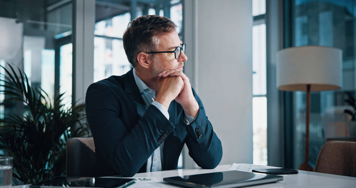 business, thinking and man in office, solution and decision for career growth, doubt and problem solving. person, employee and consultant in workplace, laptop and planning with choice and options