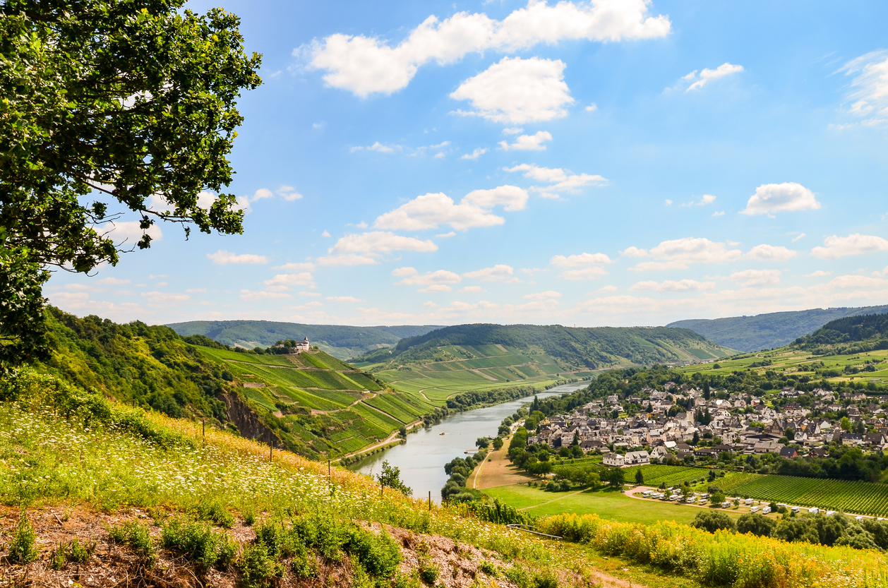 moselle valley germany: view to marienburg castle and village puenderich