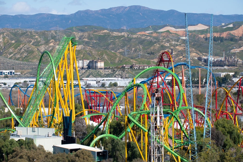 wide,view,of,colorful,roller,coaster,rides,at,an,amusement