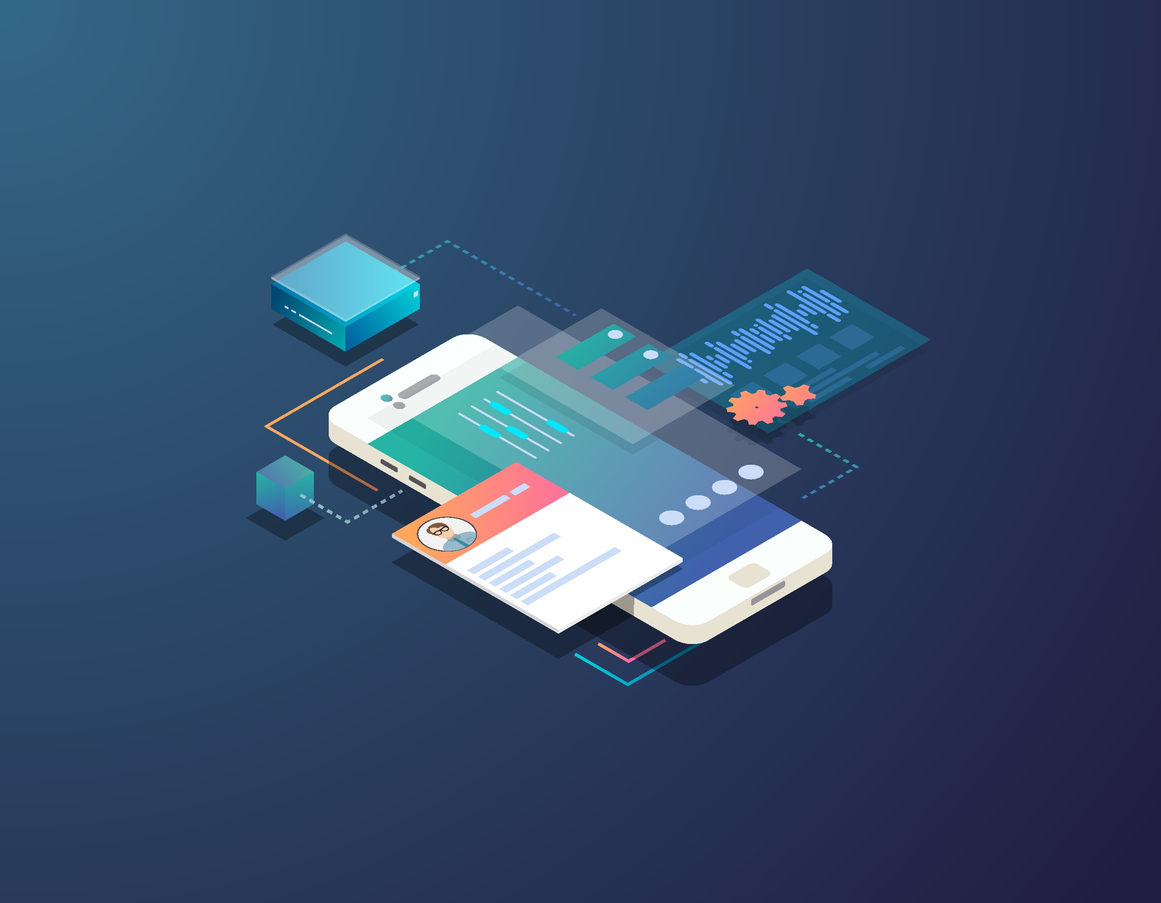 isometric mobile development illustration