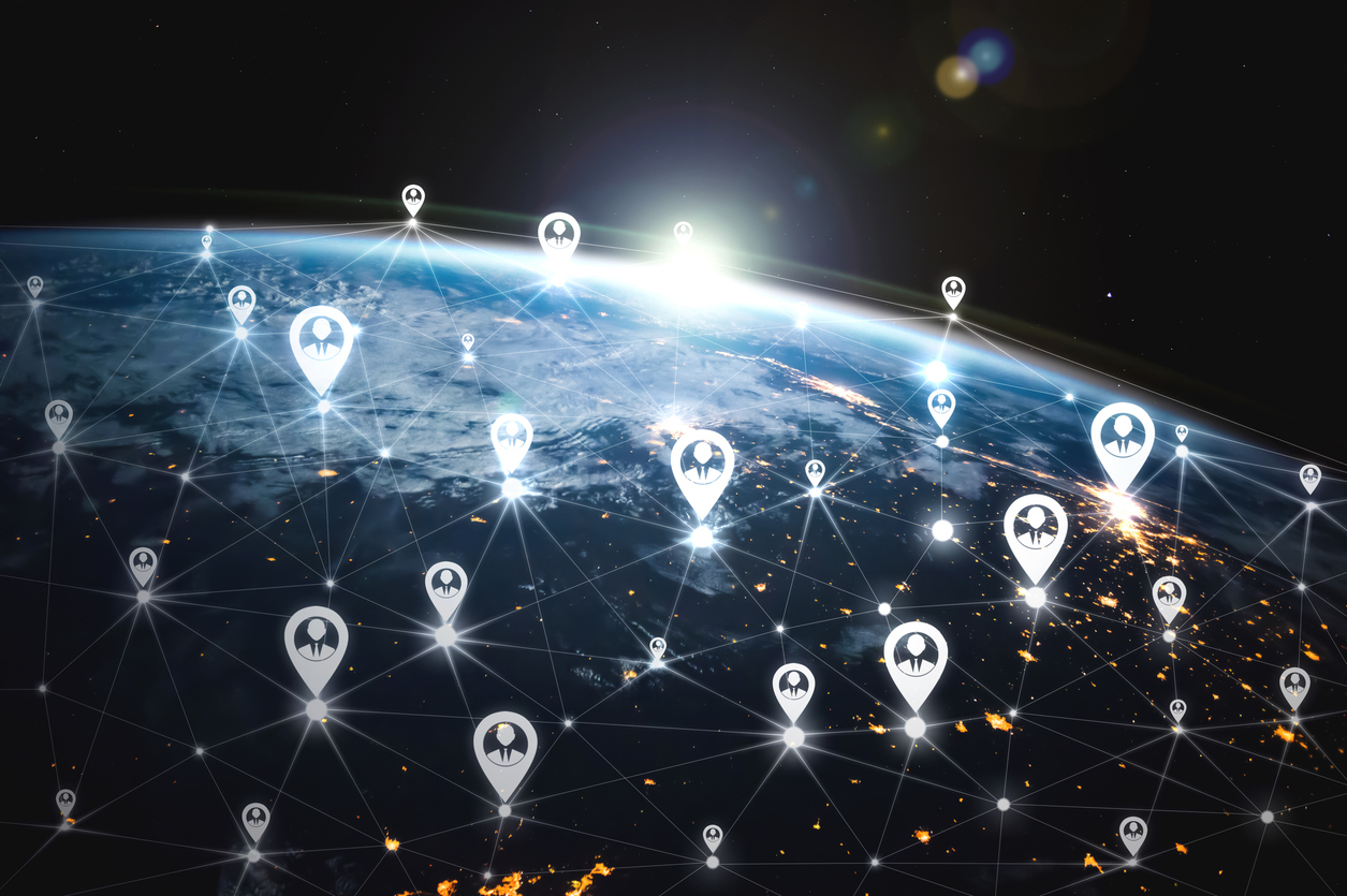 people network and global earth connection in innovative perception