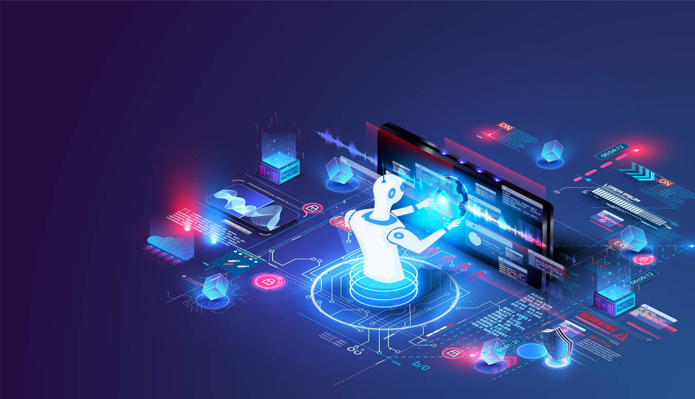 isometric artificial intelligence. neuronet or ai technology background with robot head and connections of neurons. digital brain neural network, ai servers and robot technology. vector illustration