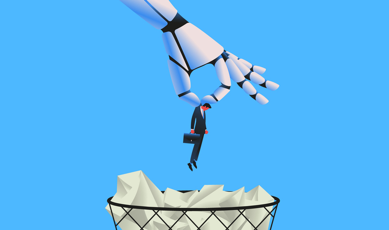 giant robot throwing man in a trash can