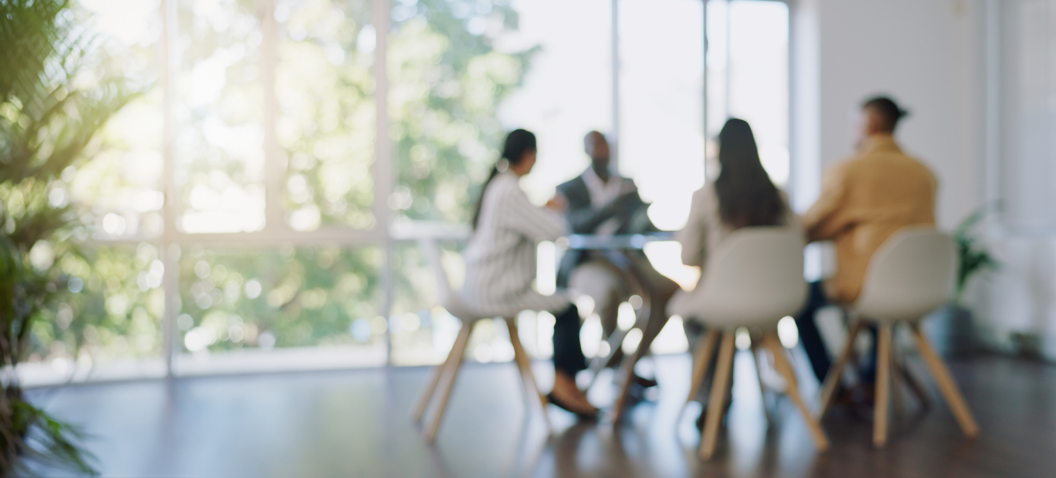 business meeting, blurred background and people in office for teamwork, collaboration and planning, partnership, negotiation and group in solidarity for growth, consulting and corporate solution