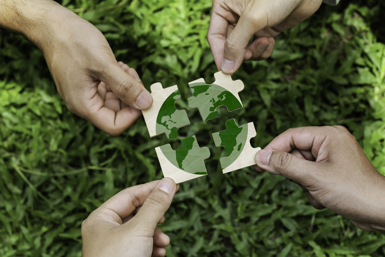 group of volunteers help solve environmental problems. global teamwork and business. world environment day.