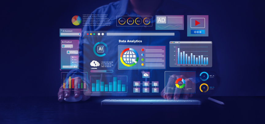 analyst working with computer in business analytics and data management system with kpi and metrics connected to the database for technology finance, operations, sales, marketing. data analysis.ai