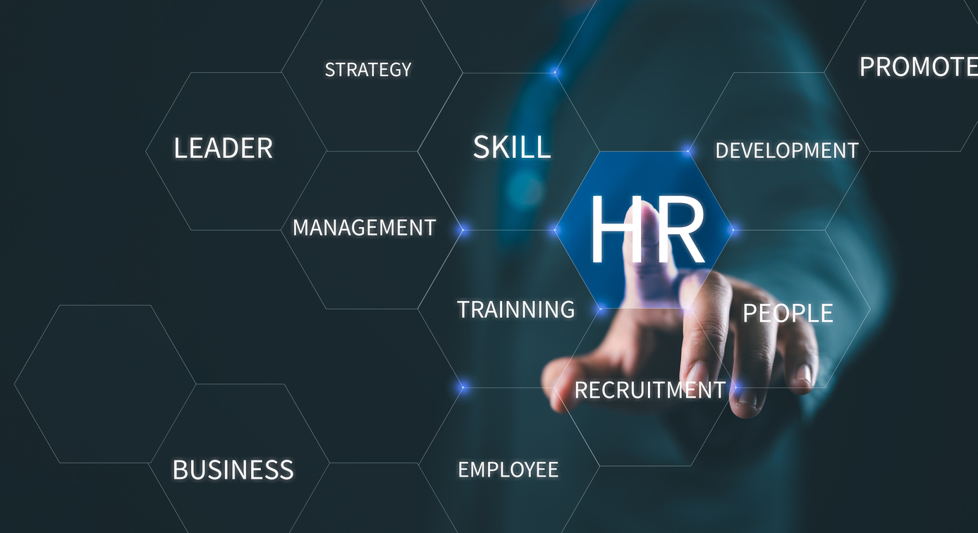 businessman touching to virtual screen with infographic and hr wording , human development and recruitment concept.