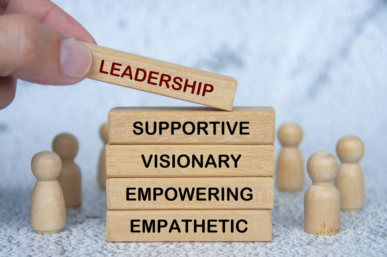 leadership, supportive, visionary, empowering and empathetic text on wooden blocks. leadership concept.