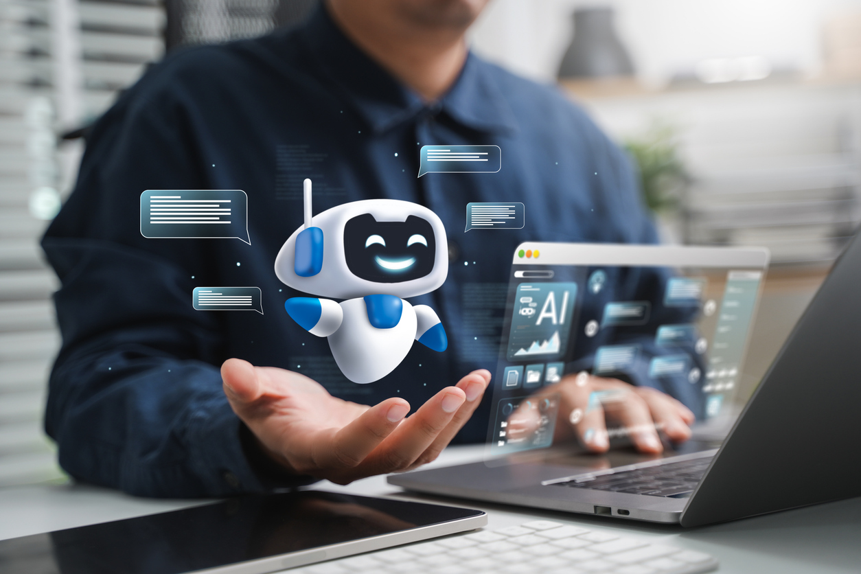 ai content creation tools: man uses laptop with ai assistant for graphic design, translation, chatbot, image creation, coding, and advertising.