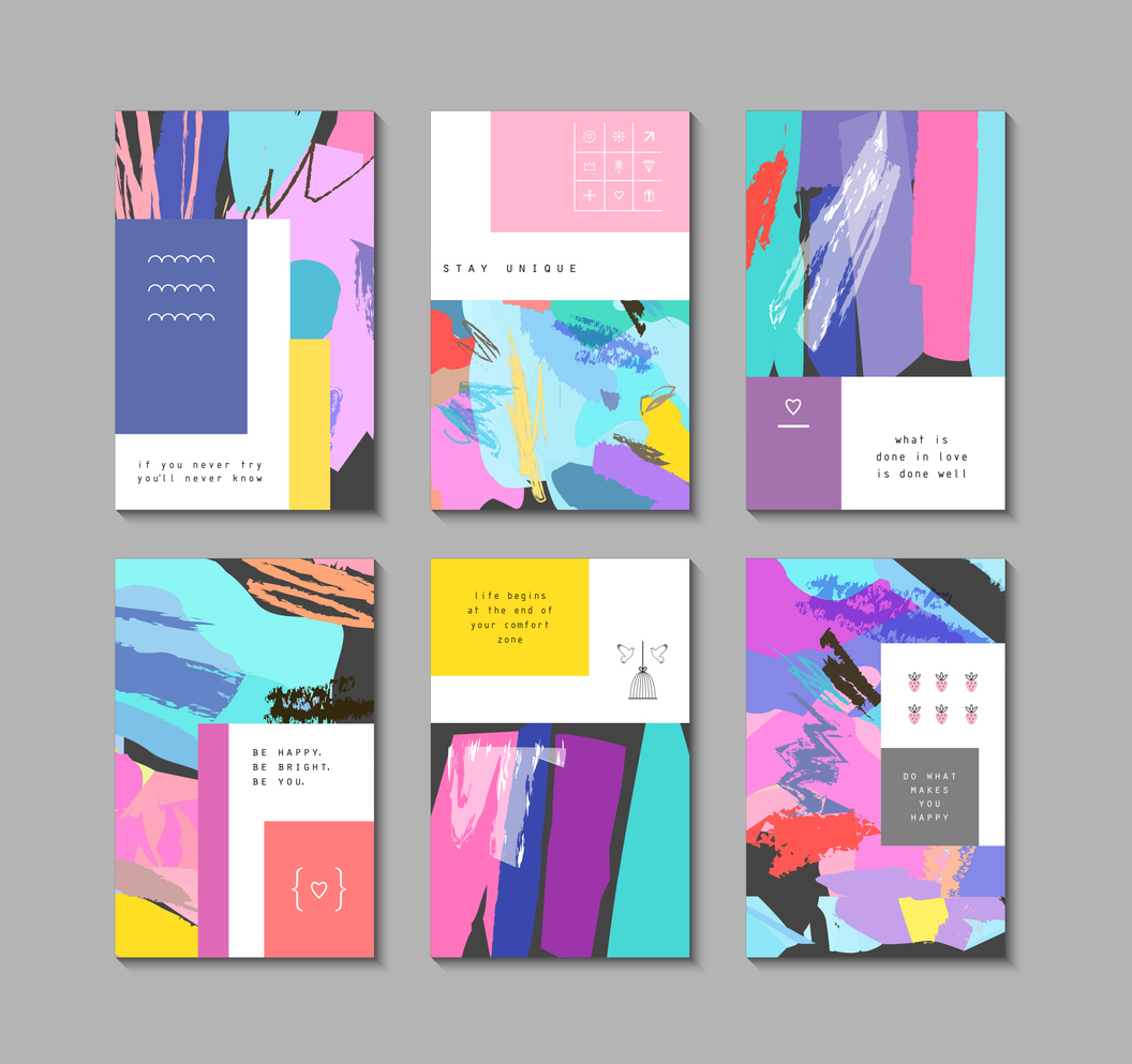 set of artistic creative universal cards. hand drawn textures.