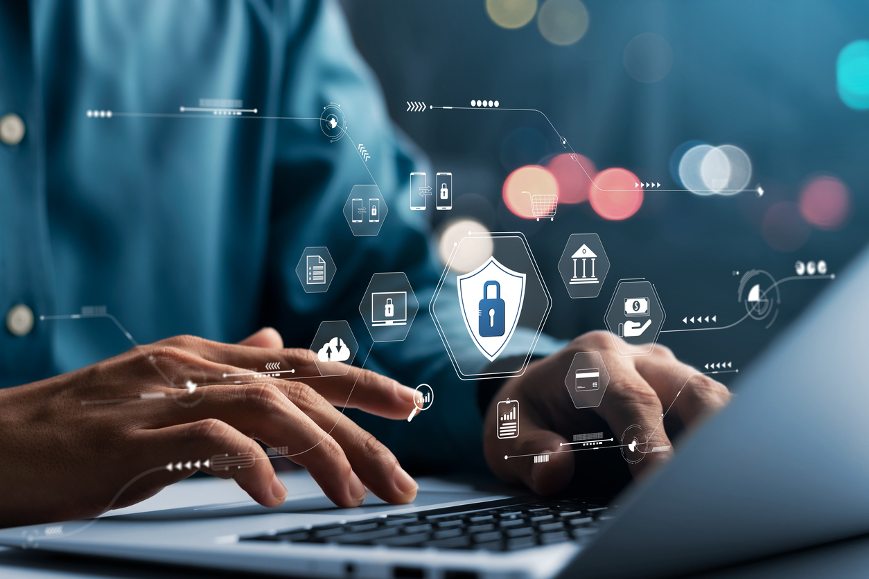 cybersecurity concept global network security technology, business people protect personal information. encryption with a padlock icon on the virtual interface.